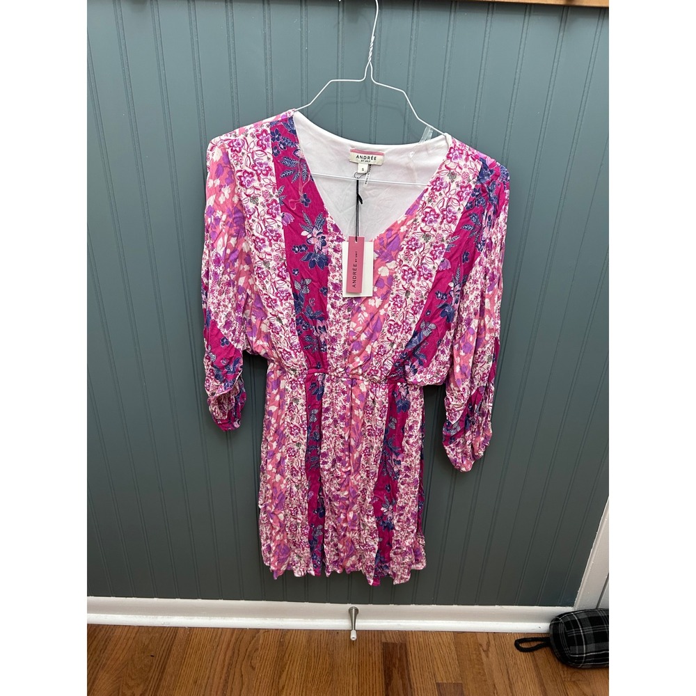 Andree by Unit Pink Floral Patchwork V-Neck Boho Mini Dress Small NWT